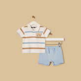 Bear Applique Striped Polo Tshirt and Shorts Set