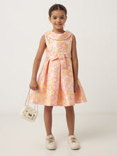 Floral print jacquard dress with boat neck and tie-up belt