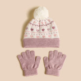 Heart print beanie cap with gloves