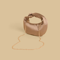 Elegant Brown Satin Knot Handbag with Gold Chain Strap