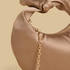 Elegant Brown Satin Knot Handbag with Gold Chain Strap
