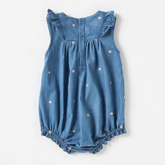 Embroidered Cotton Denim Romper with Cap
