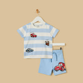 Cars Print Striped Cotton T-Shirt & Shorts Set