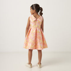 Floral print jacquard dress with boat neck and tie-up belt