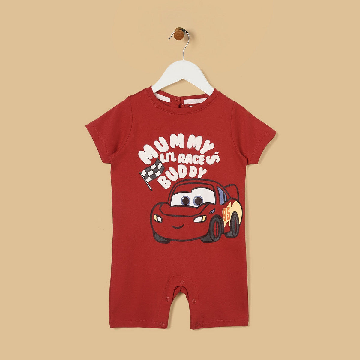 Lightning McQueen print cotton romper with cap