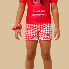 Cherry sequin embellished top and shorts set with scrunchie