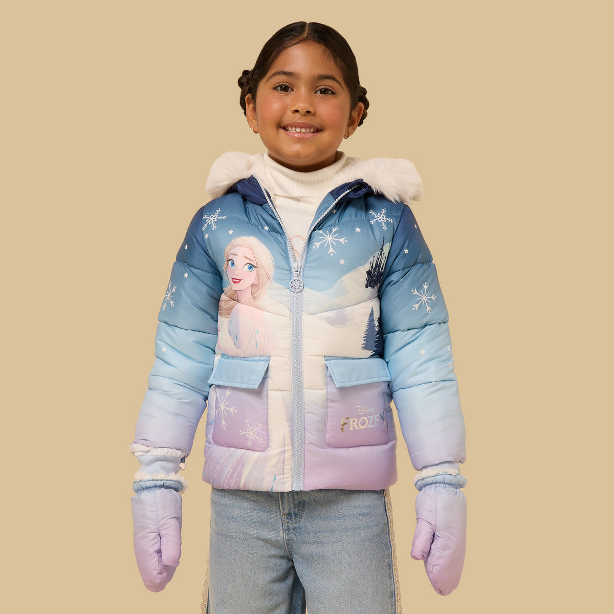 Frozen print hooded jacket with gloves