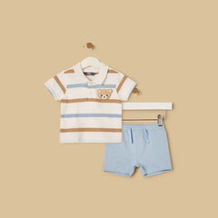 Bear Applique Striped Polo Tshirt and Shorts Set