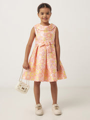 Floral print jacquard dress with boat neck and tie-up belt