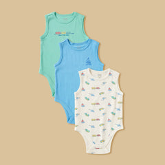 Pack of 3 - Printed Sleeveless Cotton Bodysuit