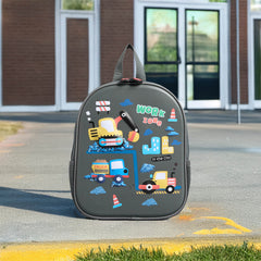 Construction vehicle print backpack with adjustable straps and zip closure