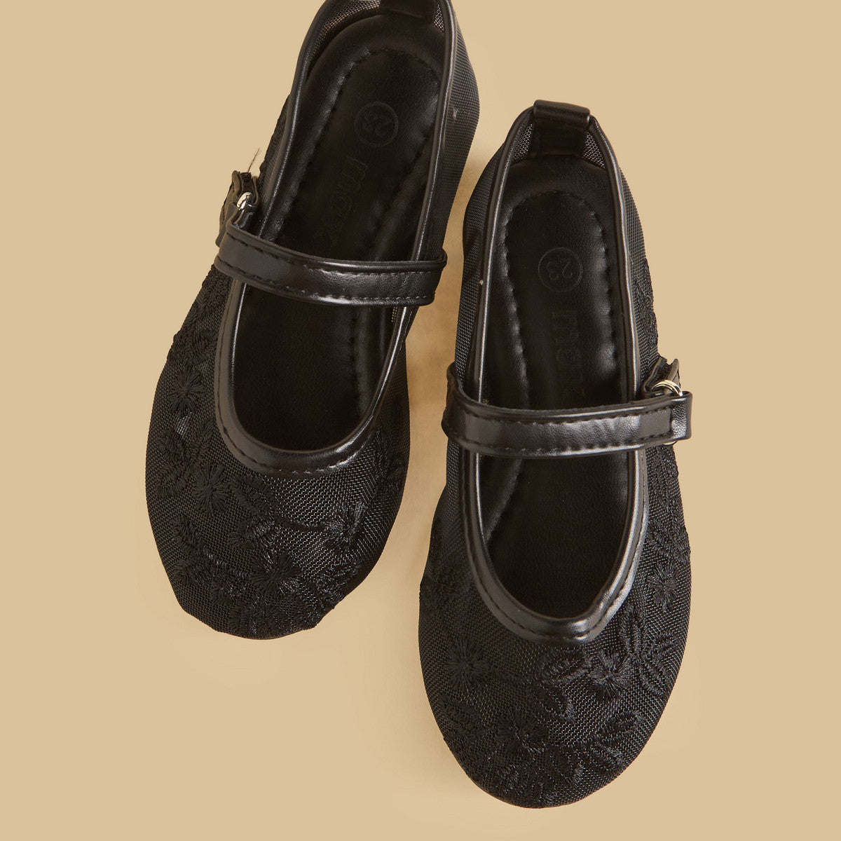 Floral embroidered mary jane shoes with hook and loop closure