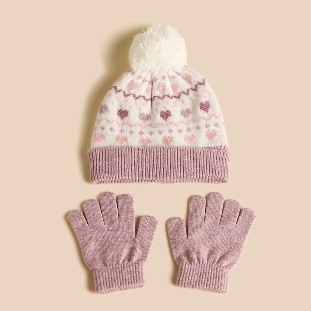 Heart print beanie cap with gloves