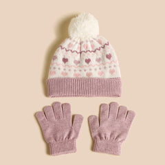 Heart print beanie cap with gloves