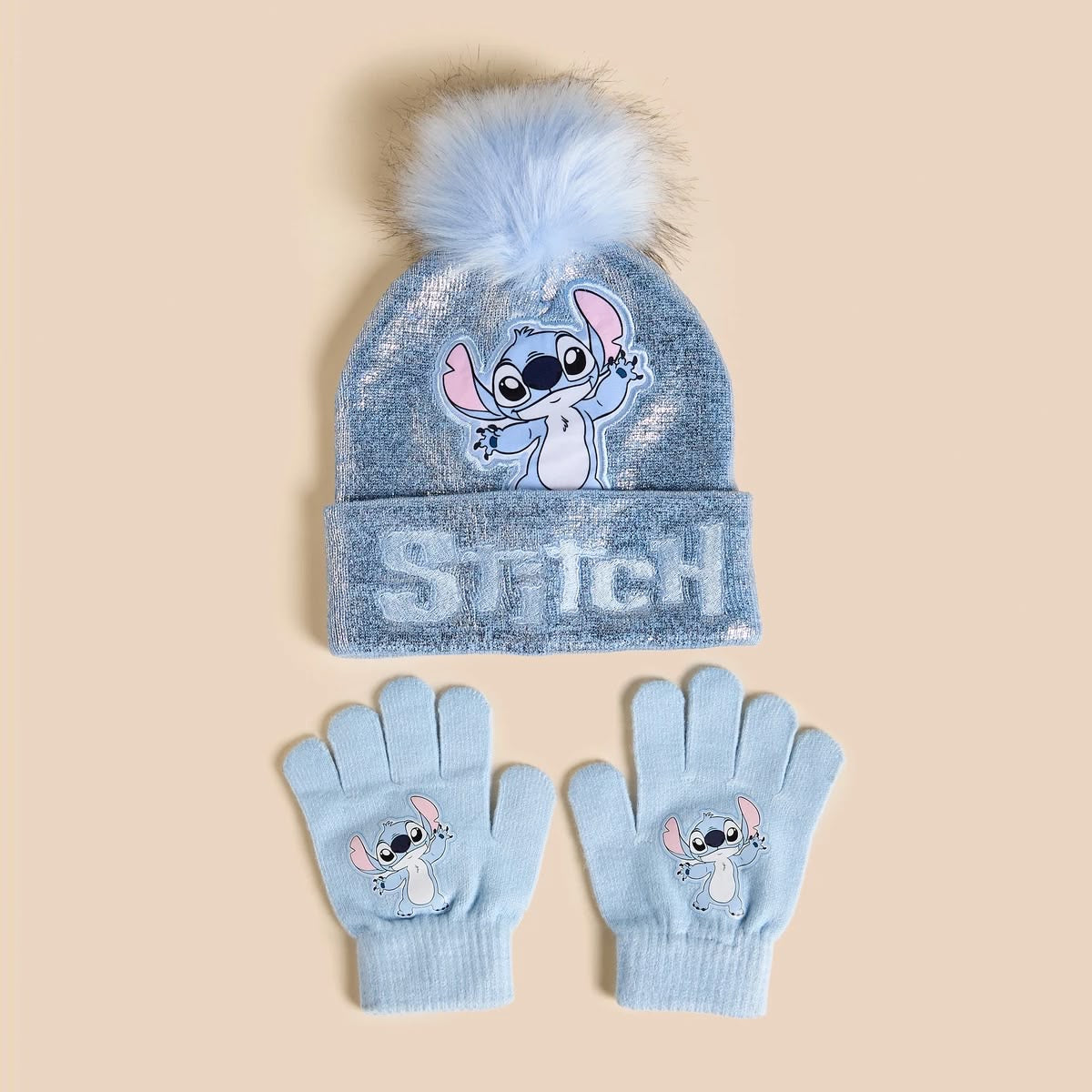 Stitch applique beanie cap with gloves set