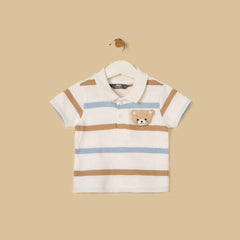 Bear Applique Striped Polo Tshirt and Shorts Set