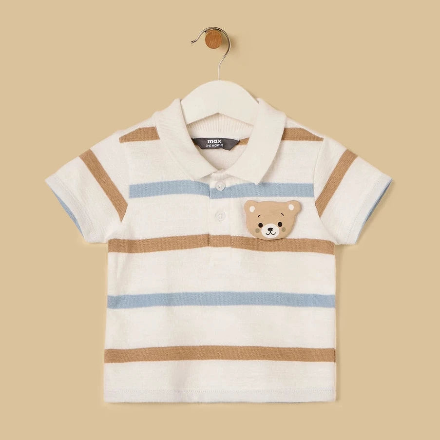 Bear applique striped polo T-shirt and shorts set