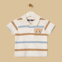 Bear applique striped polo T-shirt and shorts set