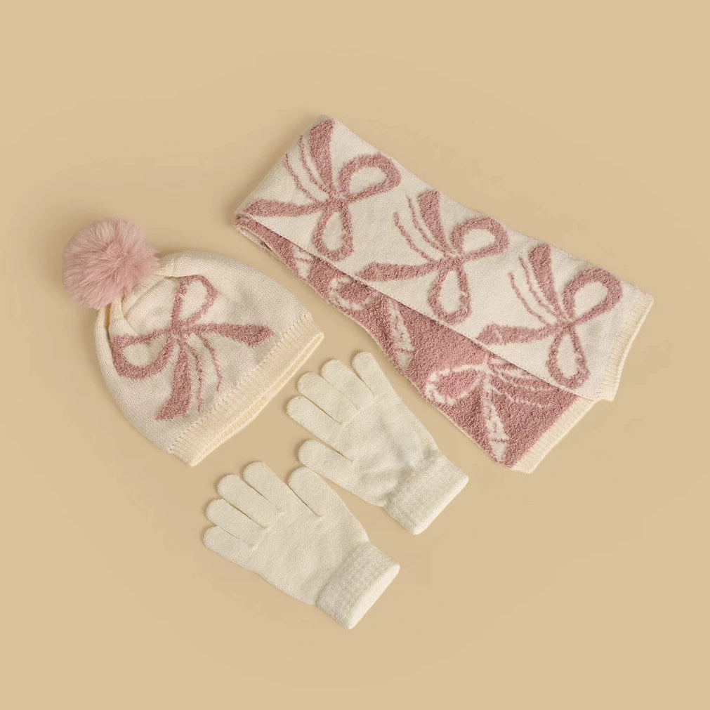 Textured beanie with gloves and scarf