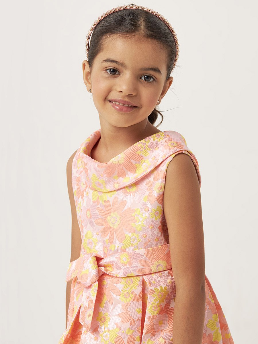 Floral print jacquard dress with boat neck and tie-up belt