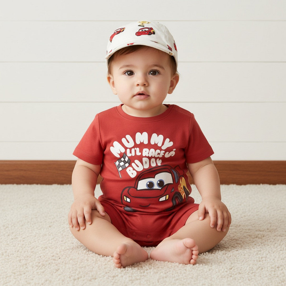Lightning McQueen print cotton romper with cap