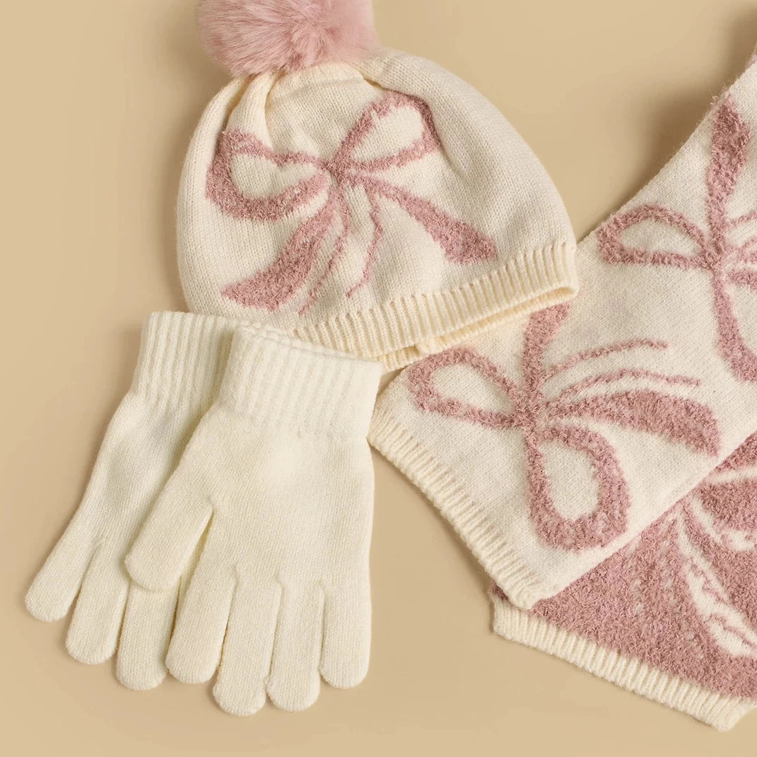 Textured beanie with gloves and scarf