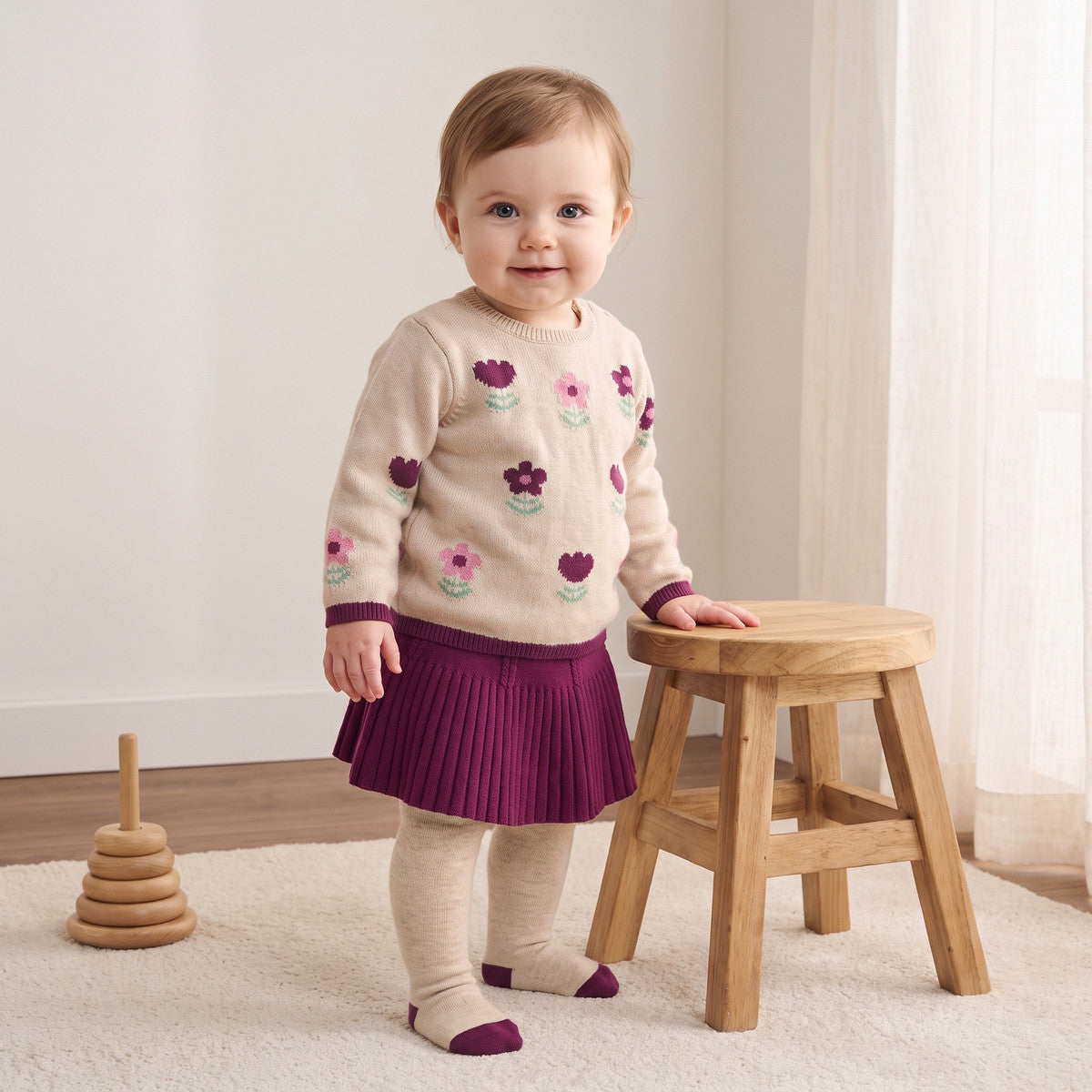 Floral print sweater with skirt and stockings