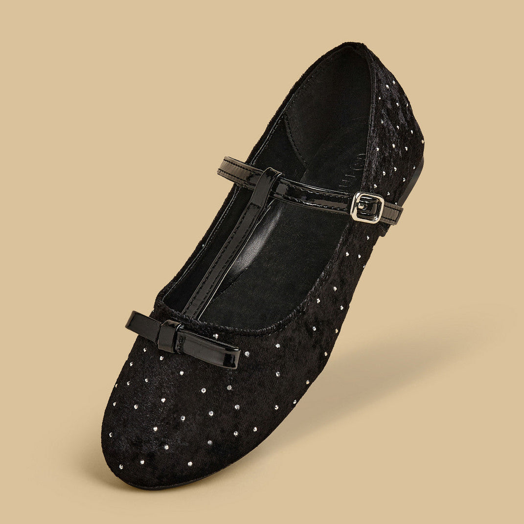 Embellished T-Strap velvet ballerina shoes with buckle closure