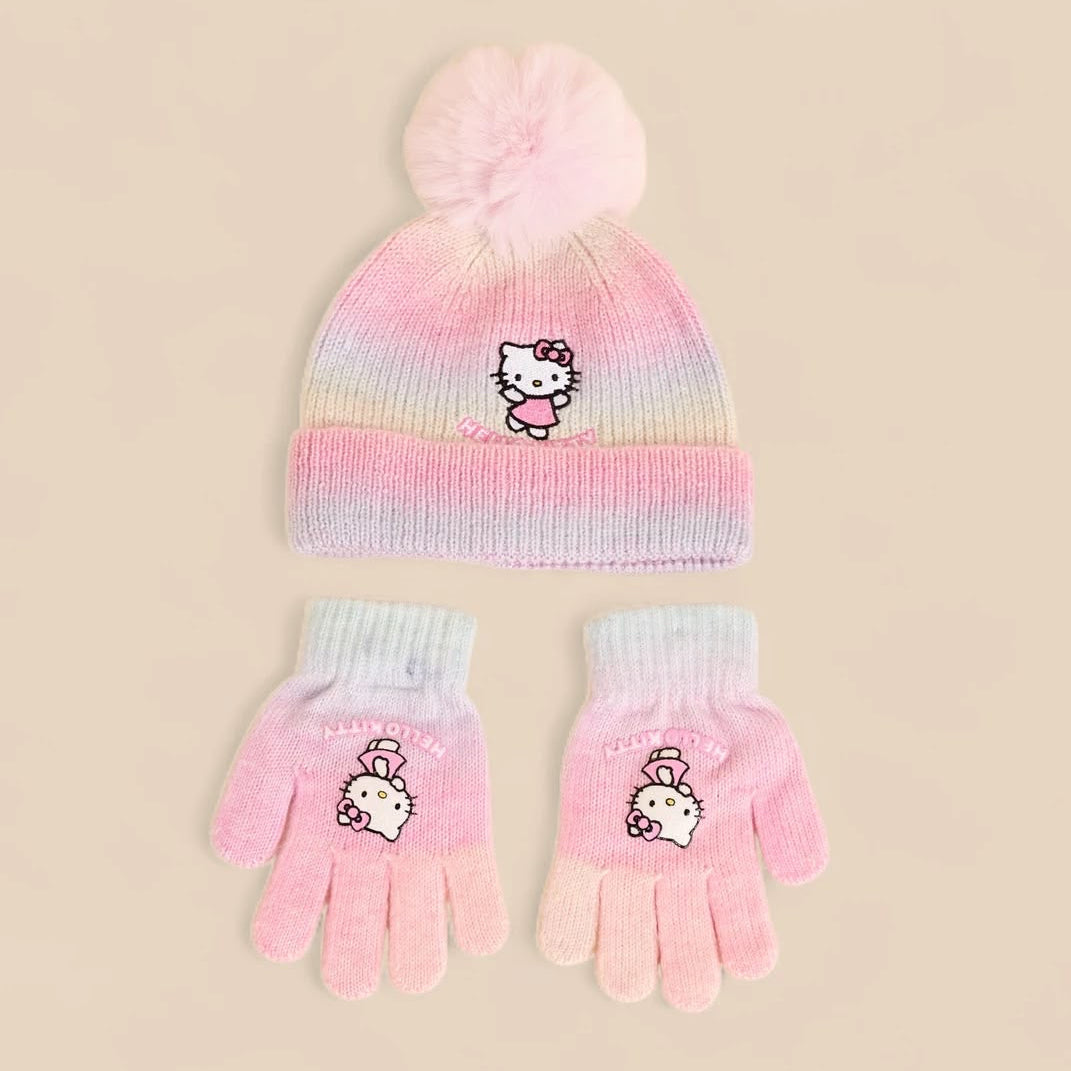 Hello kitty embroidered beanie and gloves set