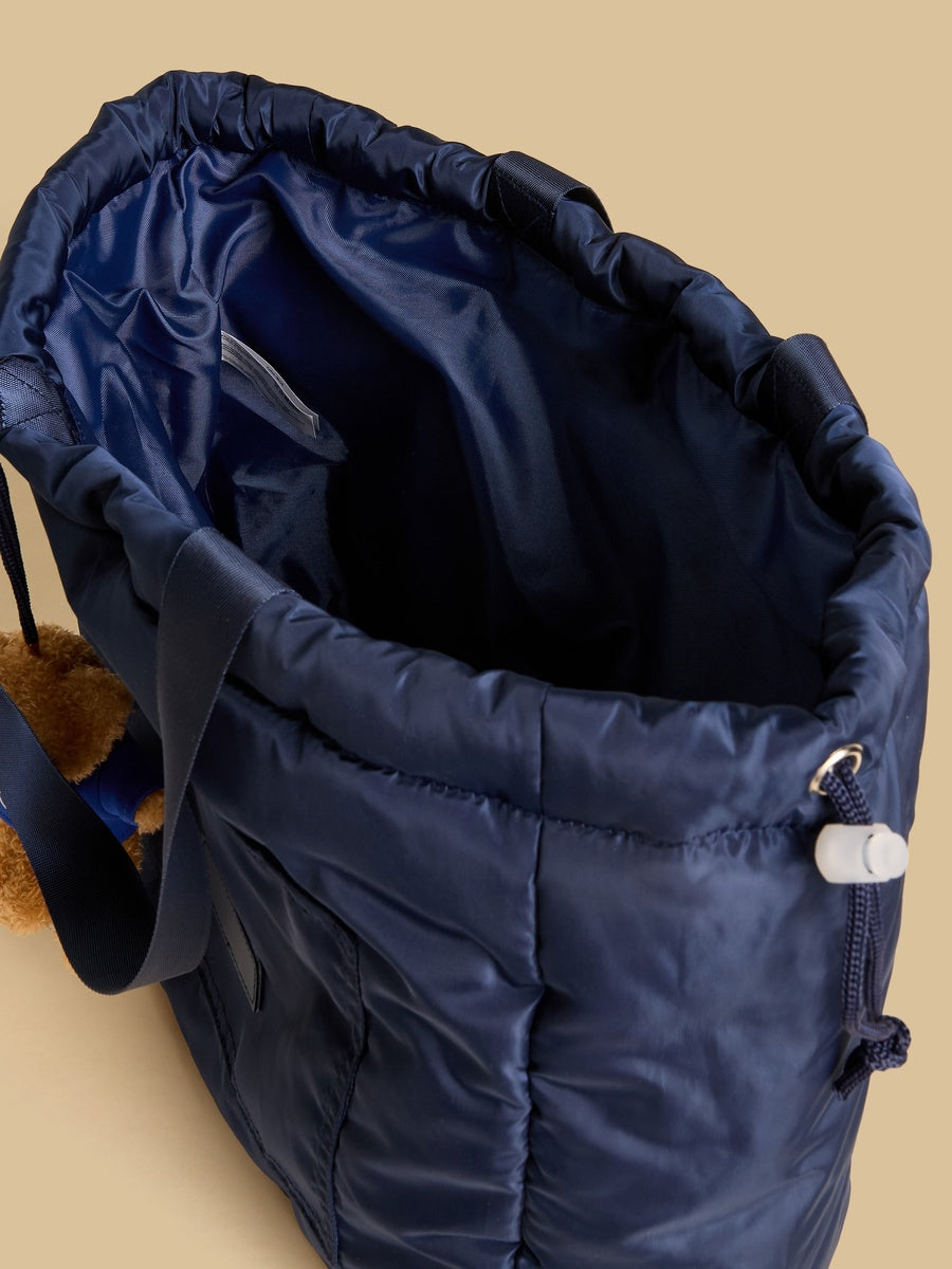 Bear charm shopper bag with drawstring closure