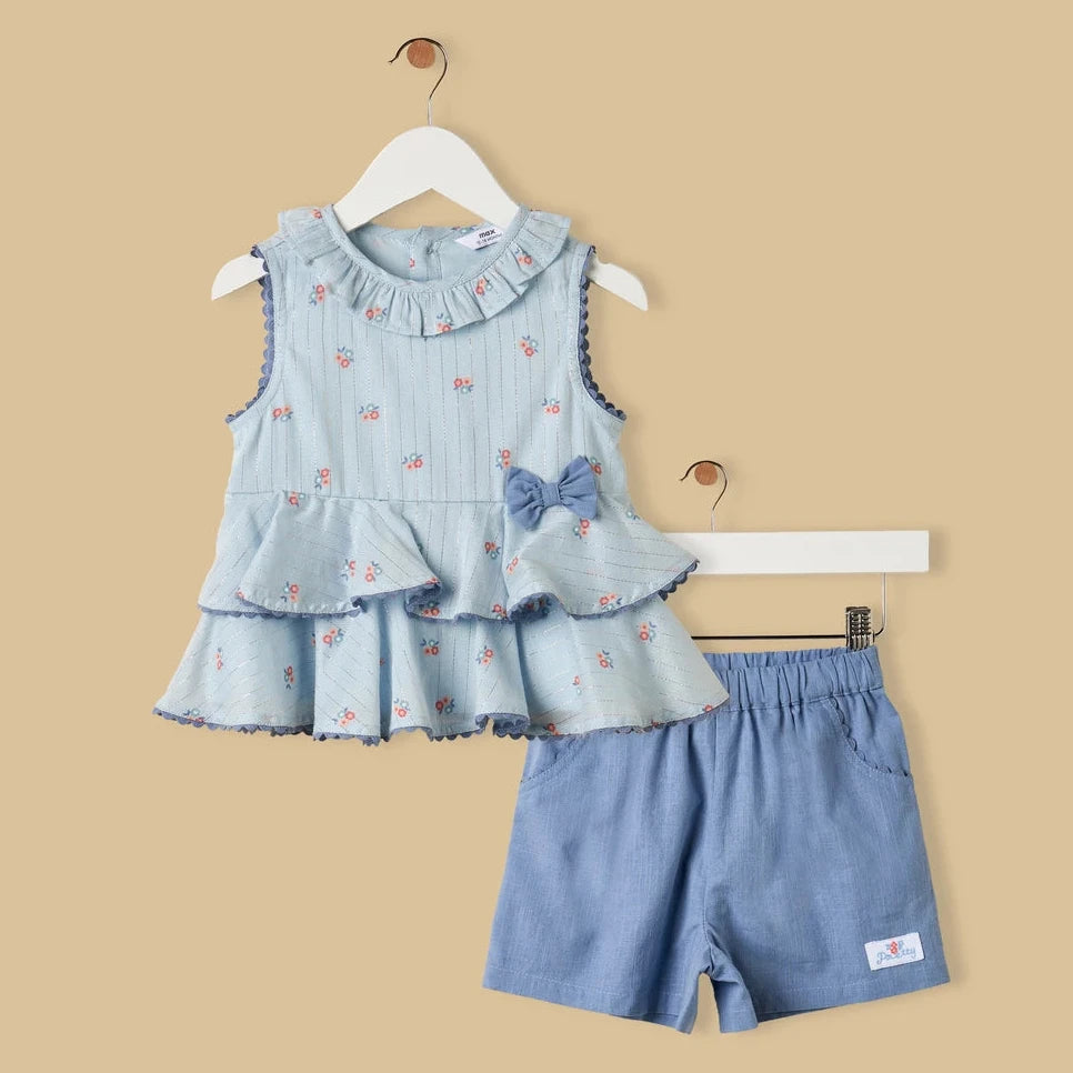 Floral print sleeveless tiered top and shorts set