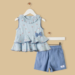 Floral print sleeveless tiered top and shorts set