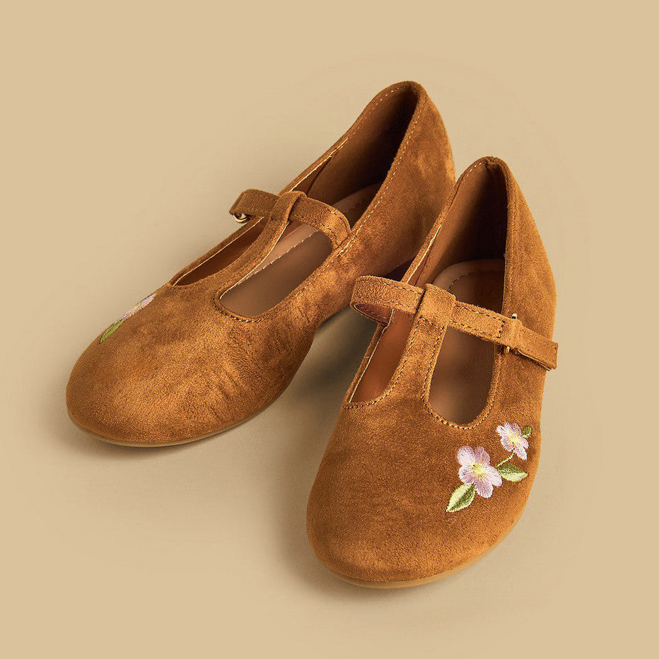 Floral embroidered suede ballerina shoes