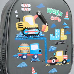 Construction vehicle print backpack with adjustable straps and zip closure