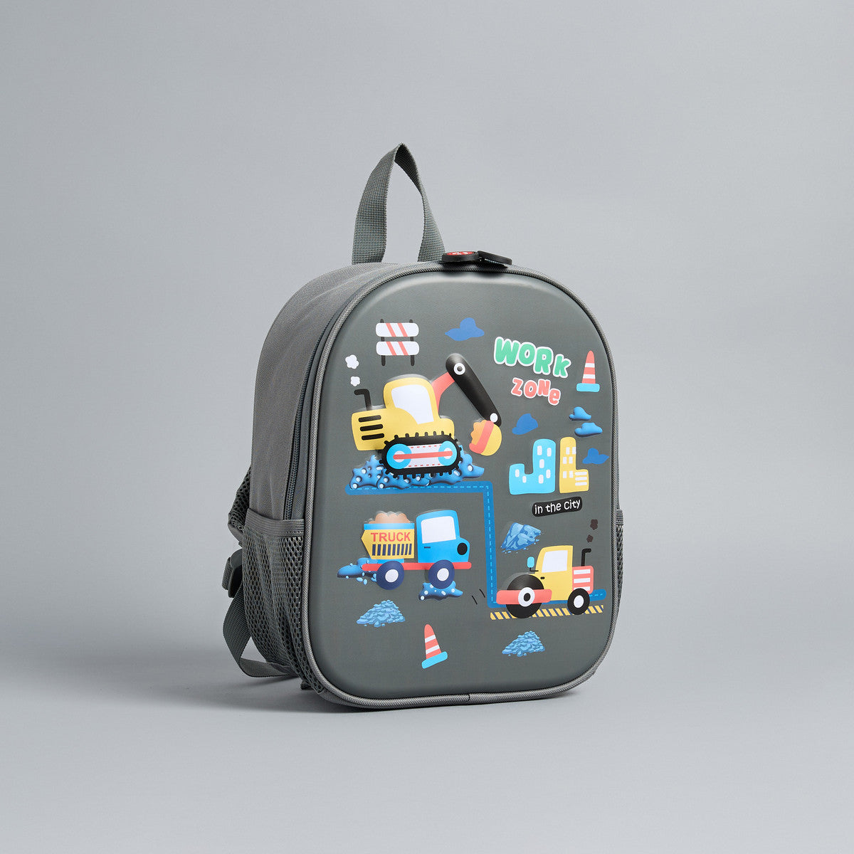 Construction vehicle print backpack with adjustable straps and zip closure