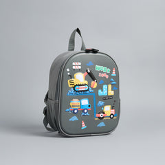 Construction vehicle print backpack with adjustable straps and zip closure