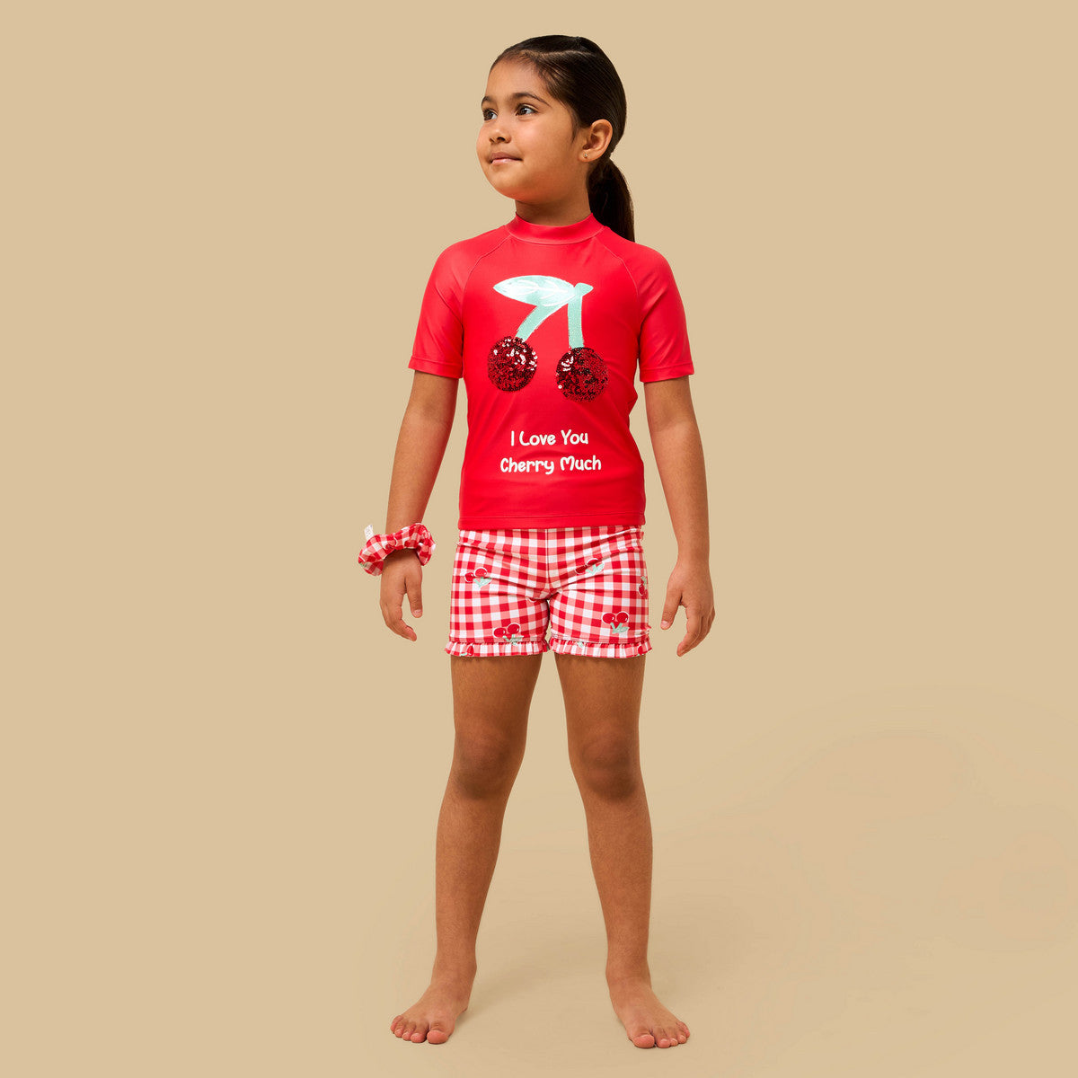 Cherry sequin embellished top and shorts set with scrunchie