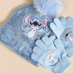 Stitch applique beanie cap with gloves set