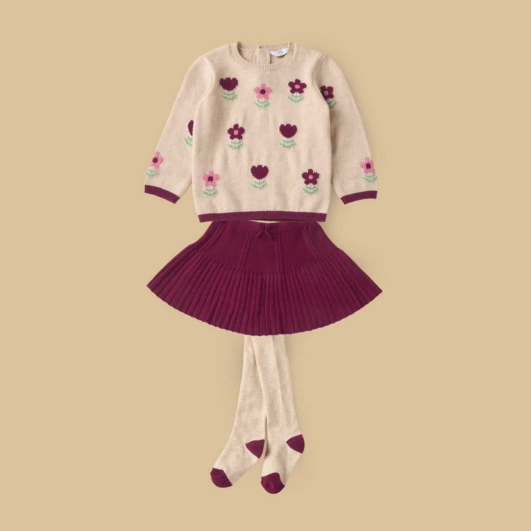 Floral print sweater with skirt and stockings