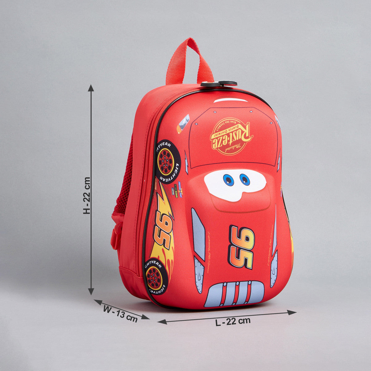 Car print backpack with adjustable shoulder straps and zip closure