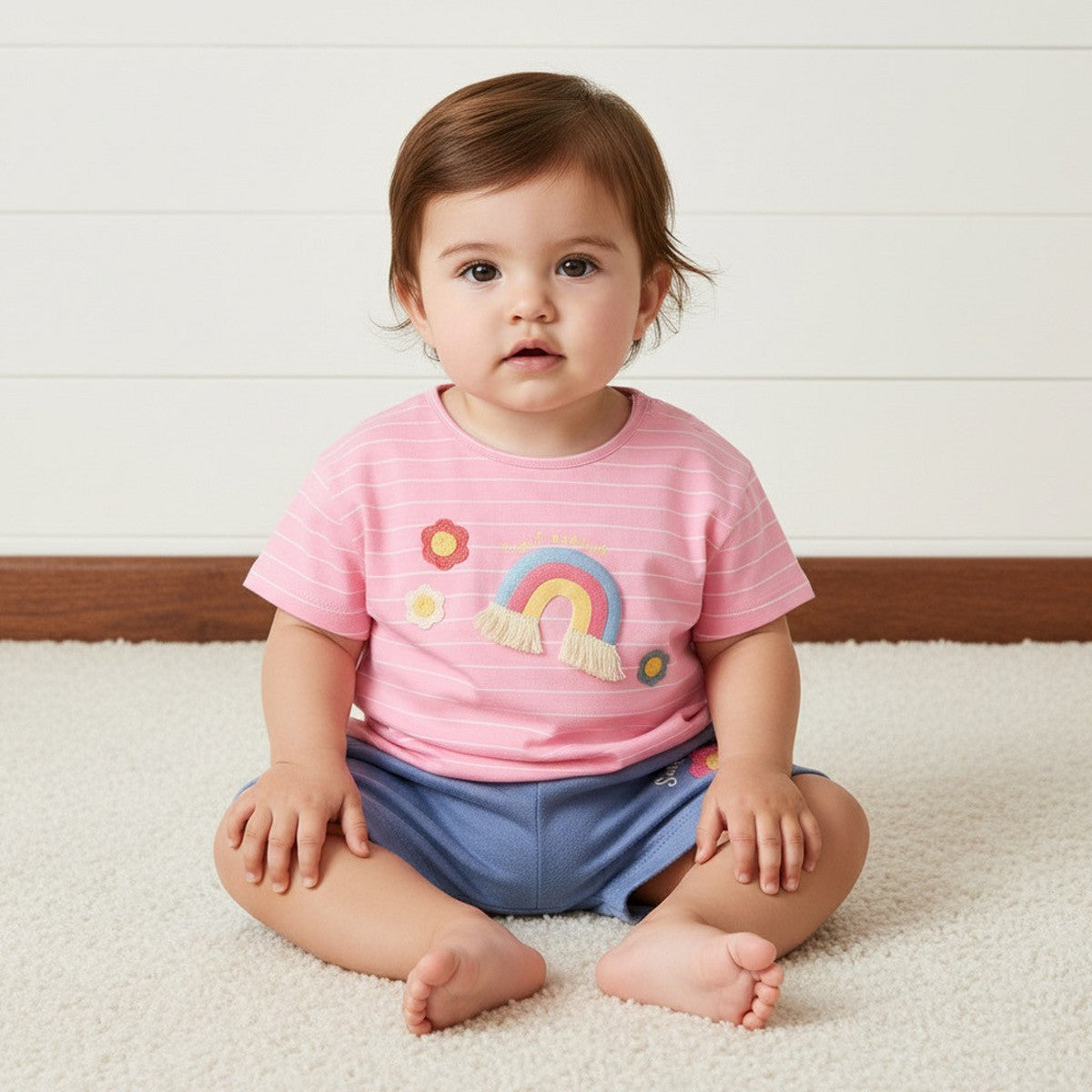 Rainbow applique striped t-shirt and shorts set