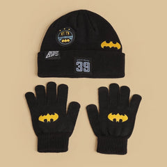 Batman applique beanie cap with gloves set