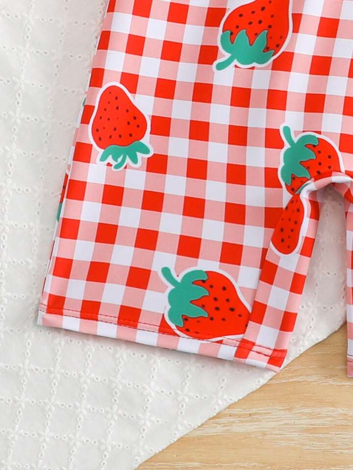 Shein red gingham strawberry print one- piece swimsuit