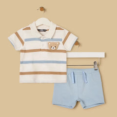 Bear applique striped polo T-shirt and shorts set