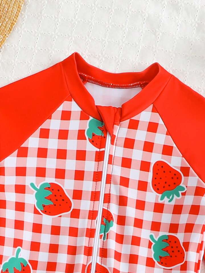 Shein red gingham strawberry print one- piece swimsuit