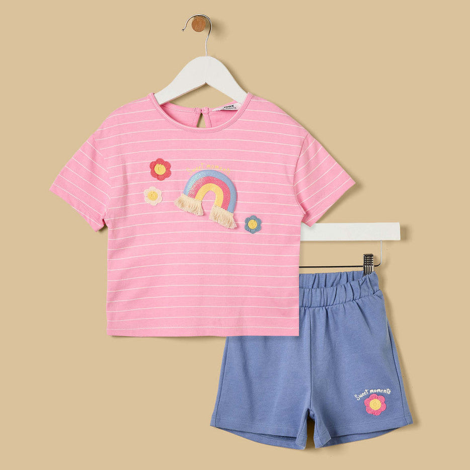 Rainbow applique striped t-shirt and shorts set