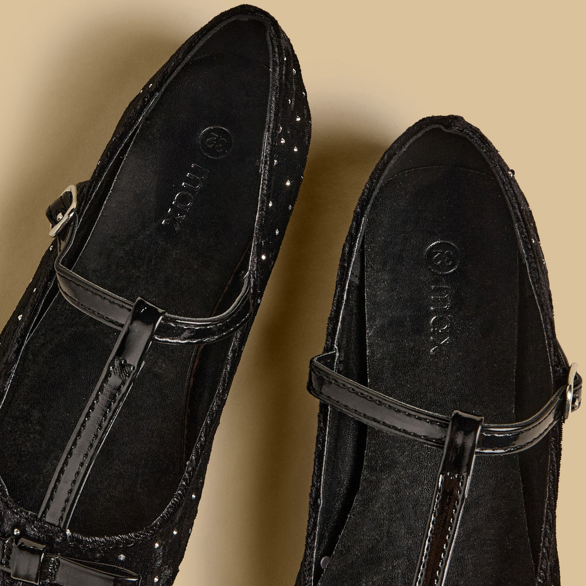 Embellished T-Strap velvet ballerina shoes with buckle closure