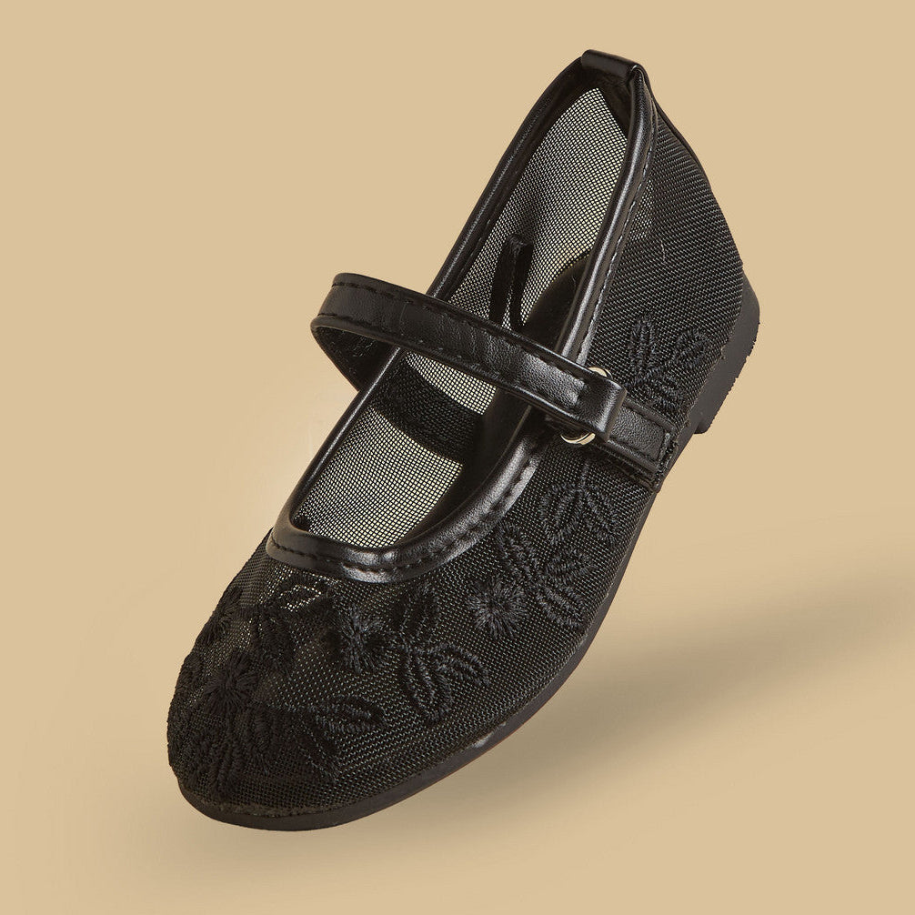 Floral embroidered mary jane shoes with hook and loop closure