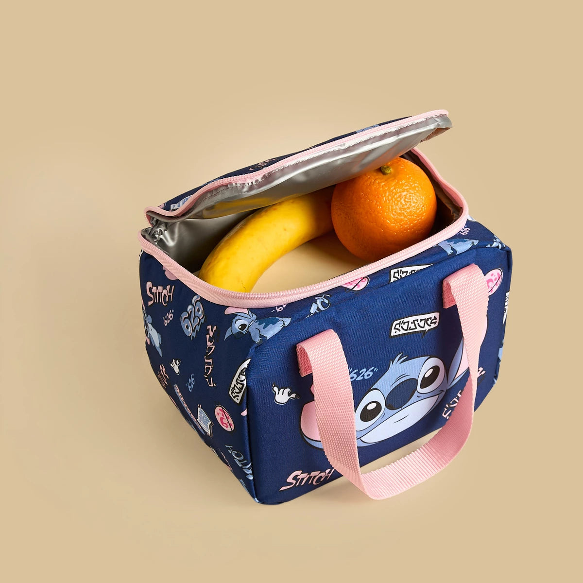 Stitch print lunch bag with zip closure