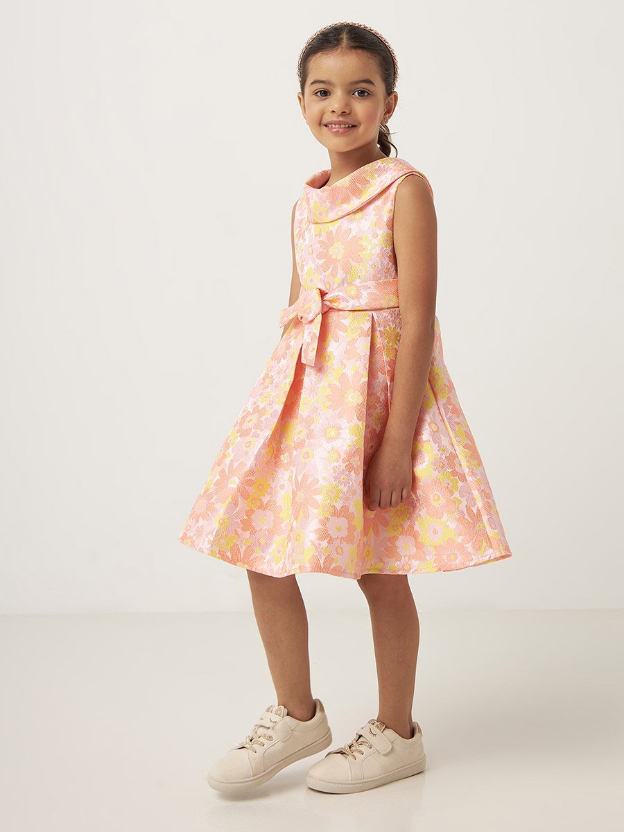 Floral print jacquard dress with boat neck and tie-up belt